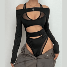 Load image into Gallery viewer, Long sleeve off shoulder mesh bodysuit
